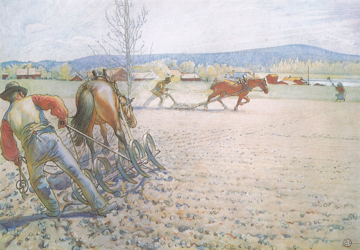 Die beiden Männer mit ihren Eggen arbeiteten methodisch hin und her von Carl Larsson
