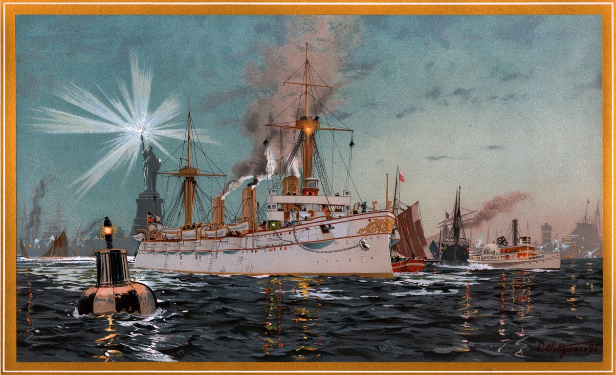 Kaiserin Augusta verlässt New York, Chromolithographie von C. Saltzmann 95, Nr. 13 aus G. Wislicenus, Unsere Kriegsflotte von Carl Saltzmann