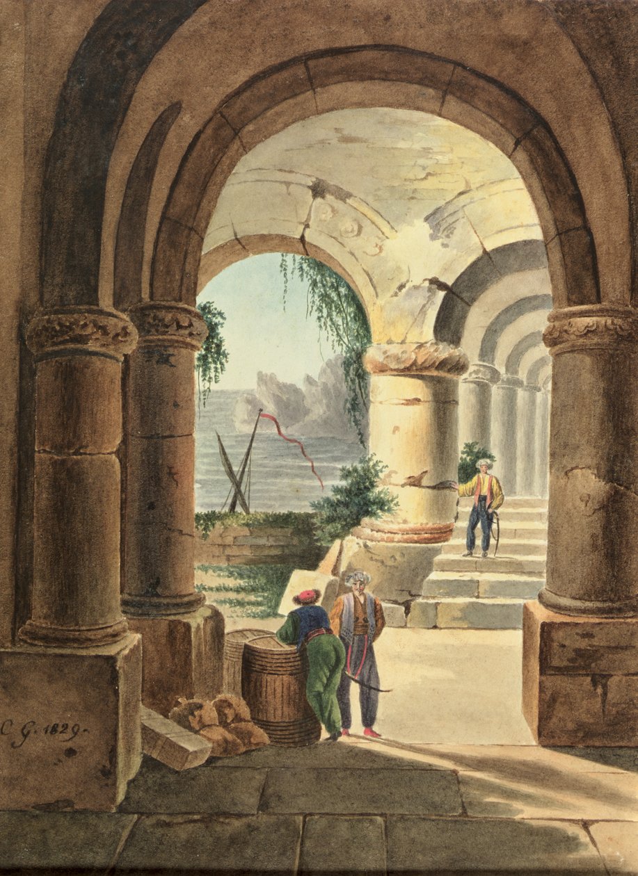Blick auf das Meer durch ein Kloster, 1829 von Carl Wilhelm Goetzloff