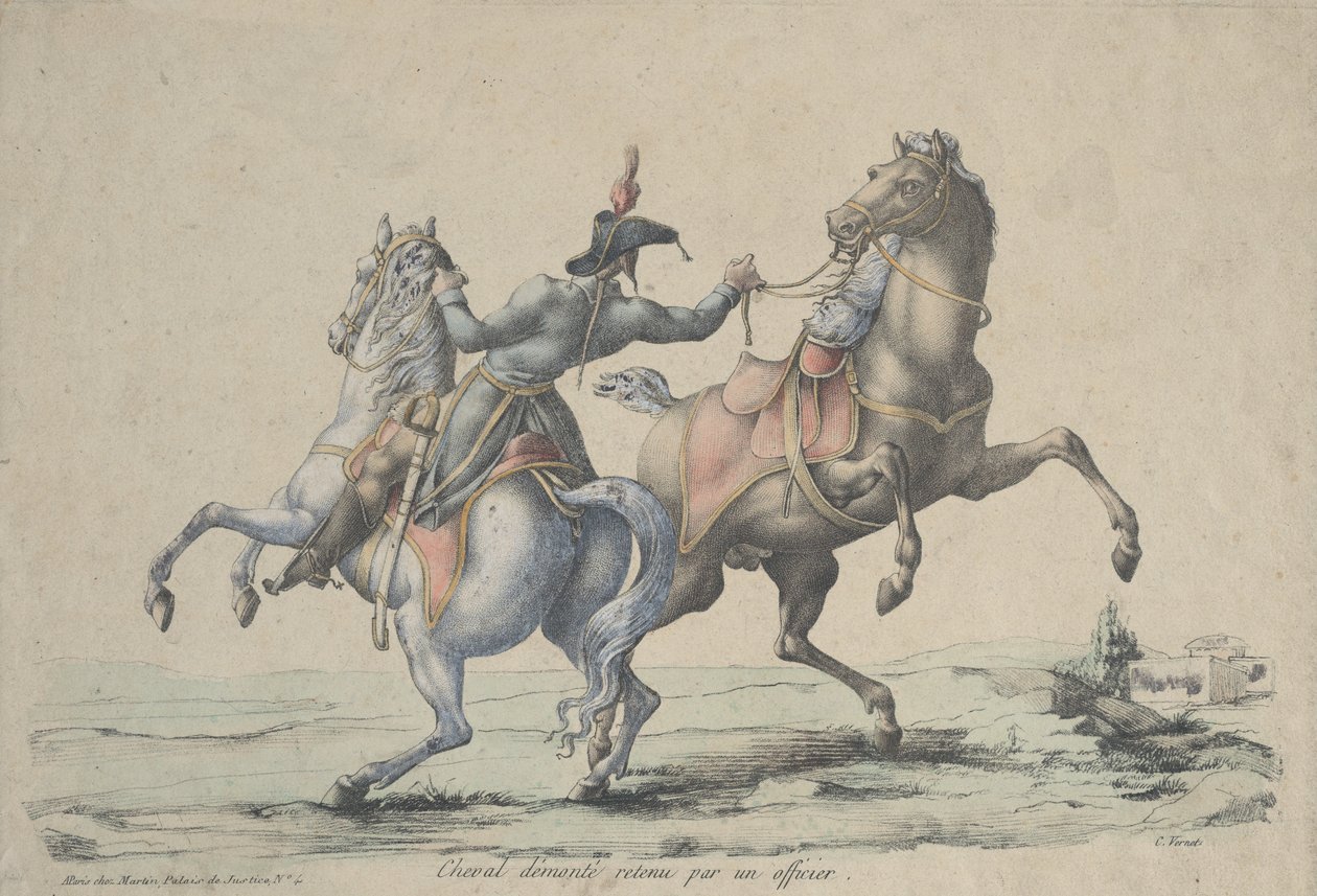 Ein abgestiegenes Pferd, das von einem Offizier gezügelt wird von Carle Vernet