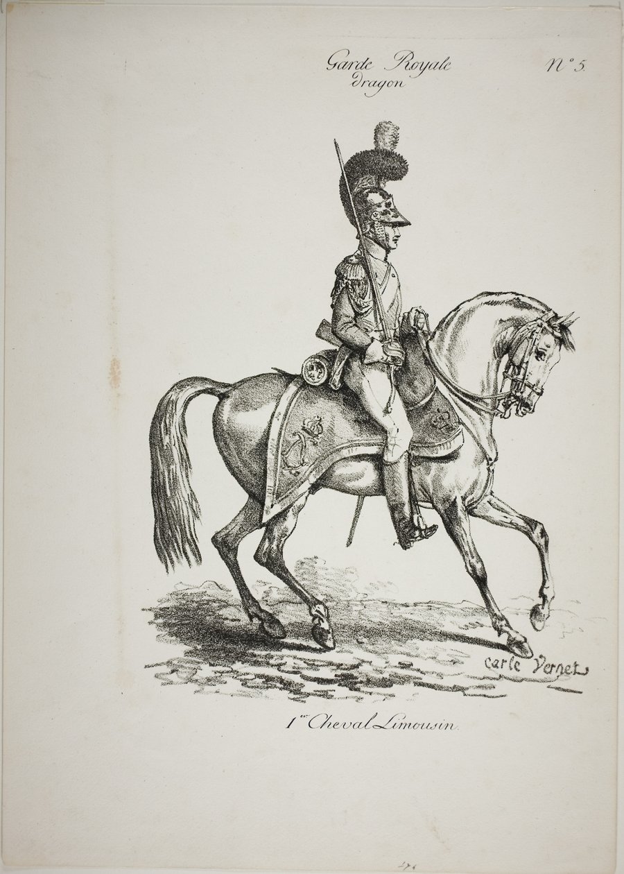 Königliche Garde, normannischer berittener Dragoner und Pferd, Nr. 5, erstes Limoges-Pferd von Carle Vernet