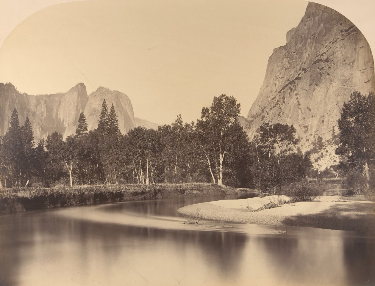 Flussansicht, Talabwärts, Cathedral Rock links, 1861, Yosemite von Carleton Emmons Watkins