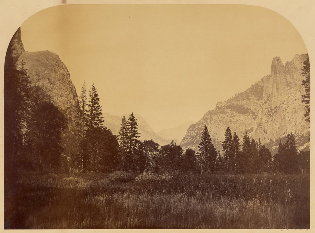 Yosemite, Blick auf den Talboden, mit Sentinel Rock rechts von Carleton Watkins