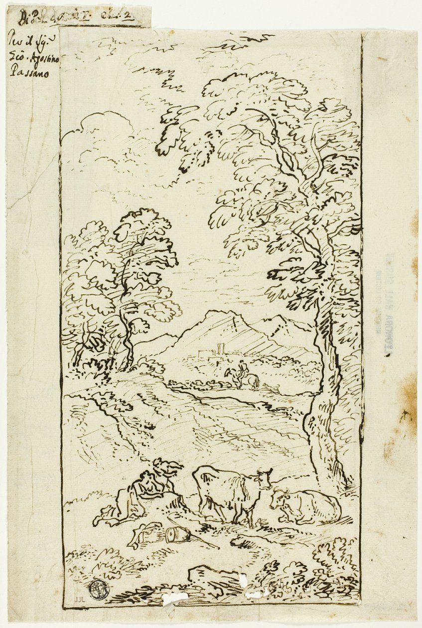 Hügelige Landschaft mit Kühen und Hirten im Vordergrund von Carlo Antonio Tavella