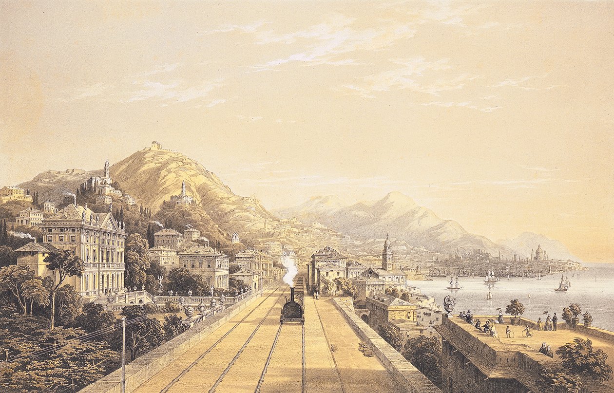 Frontispiz aus "Ansichten der Eisenbahn zwischen Turin und Genua", 1853 von Carlo Bossoli