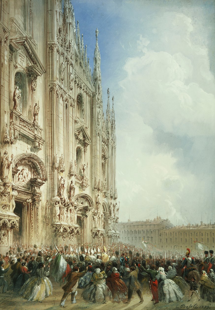 Der Krieg in Italien: Die Ankunft von Kaiser Napoleon III. und dem König von Sardinien am Dom, Mailand, 1859 von Carlo Bossoli