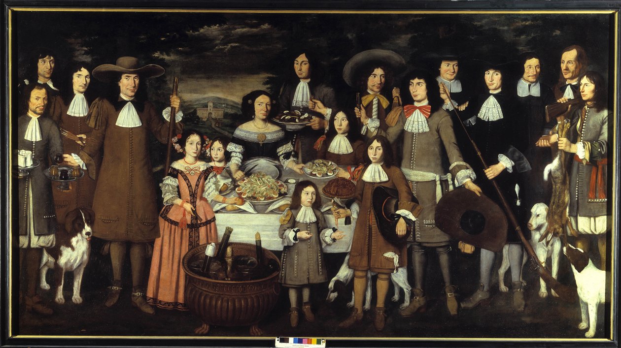Porträt einer Familie oder „Trinken während eines Jagdspiels“. Gemälde von Carlo Cane (1618-1688). 17. Jahrhundert. Pinacoteca del Castello Sforzesco Mailand von Carlo Cane