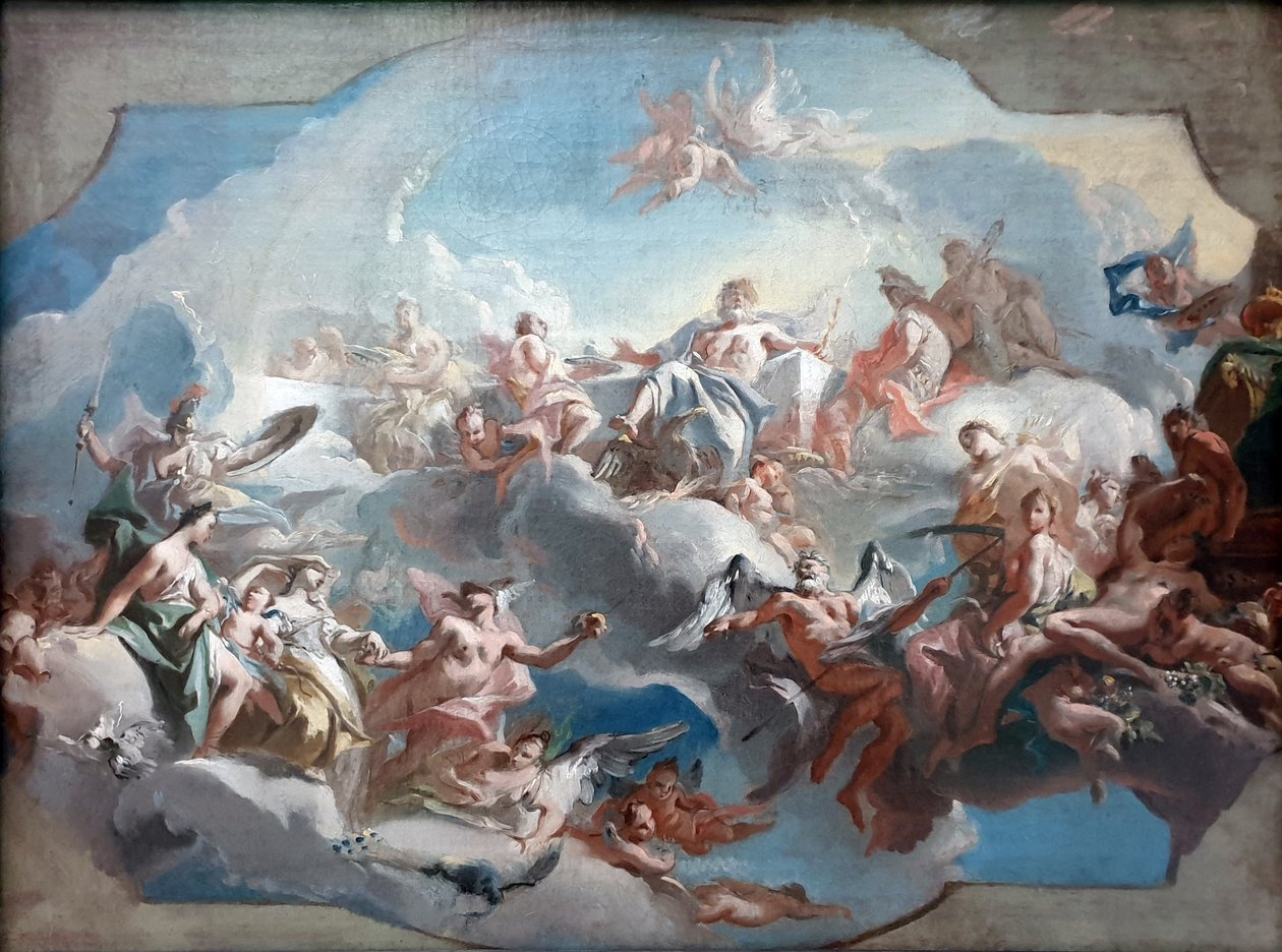Der Aufbruch der Göttinnen Juno, Venus und Minerva, geleitet von Merkur, zum Parisurteil von Carlo Carlone