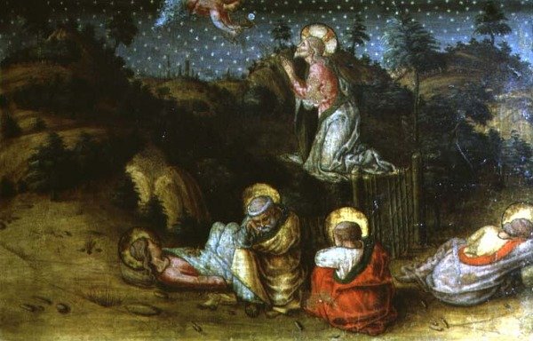 Die Agonie im Garten, linkes Predella-Panel vom San Silvestro Polyptychon von Carlo Crivelli