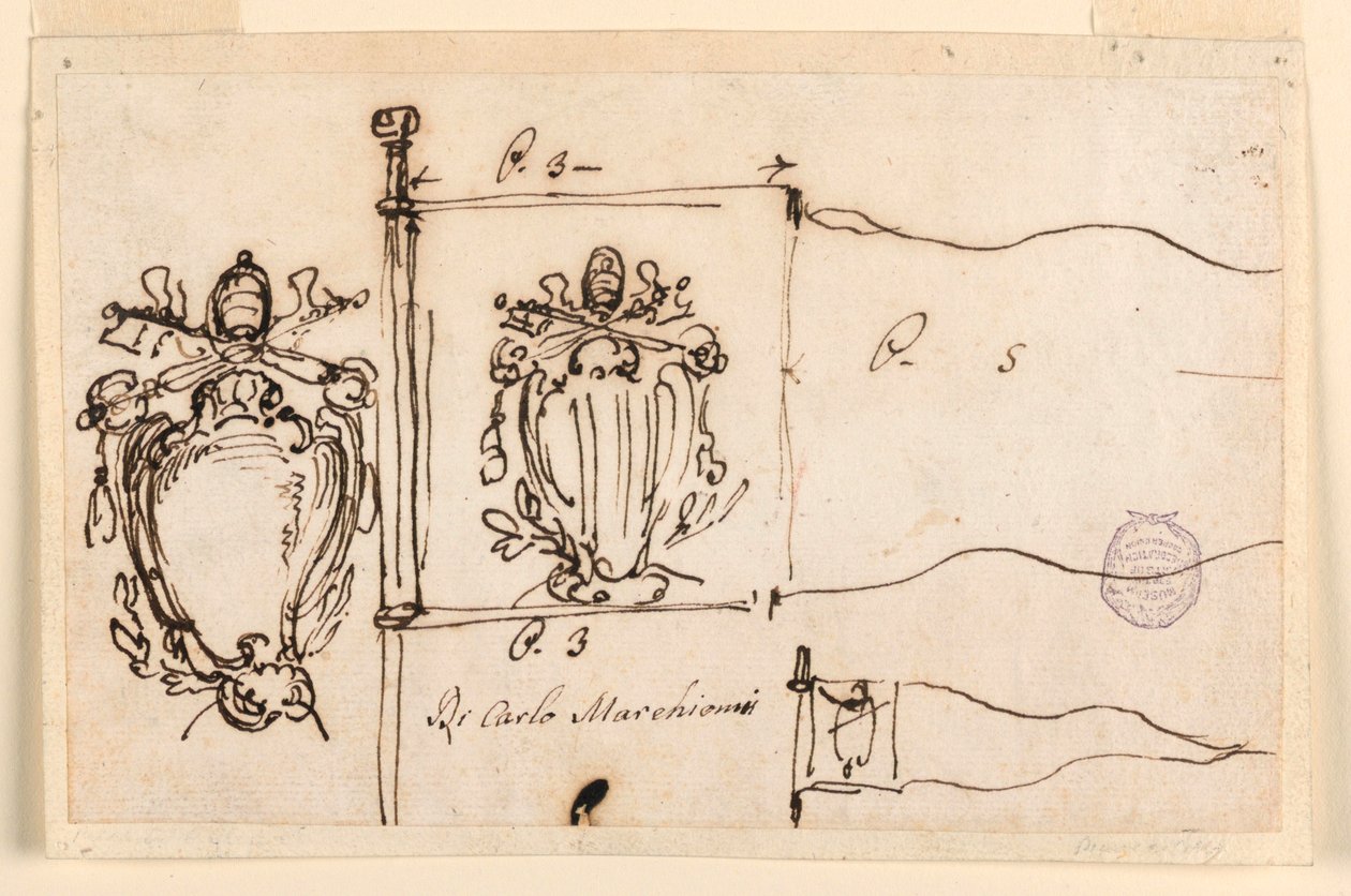 Drei Skizzen für einen Standard von Papst Benedikt XIV., 1740–58 von Carlo Marchionni