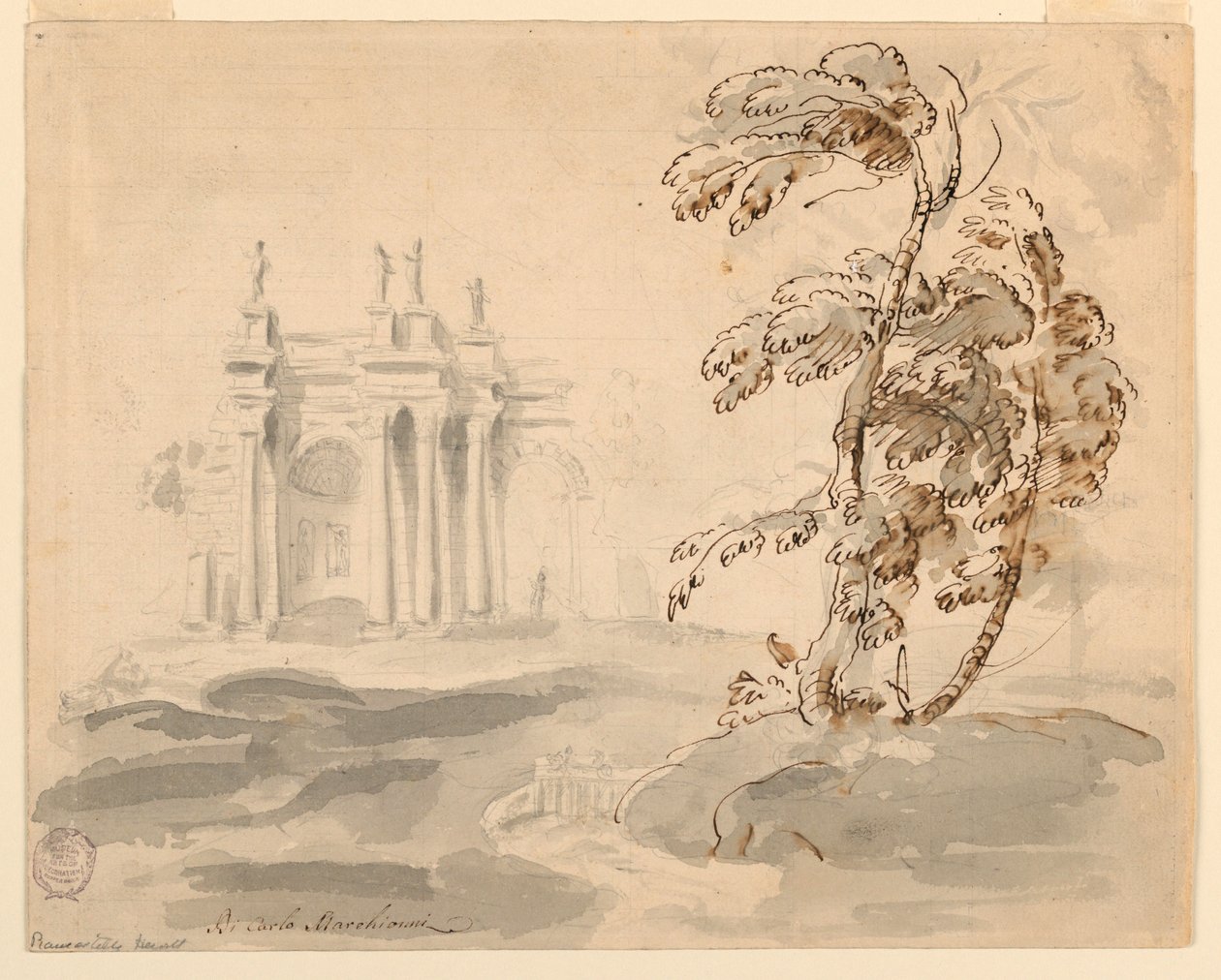Zeichnung, Baum in Landschaft mit Gebäude, 1756–78 von Carlo Marchionni