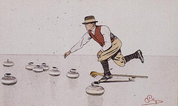 Mann wirft einen Stein in einem Curling-Spiel von Carlo Pellegrini