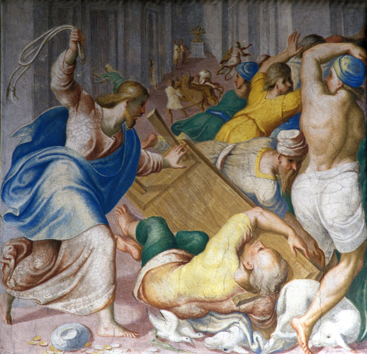 Jesus Christus vertreibt die Händler an den Toren des Tempels. Fresko von Carlo Urbino. Mailand, S. Maria della Passione von Carlo Urbino
