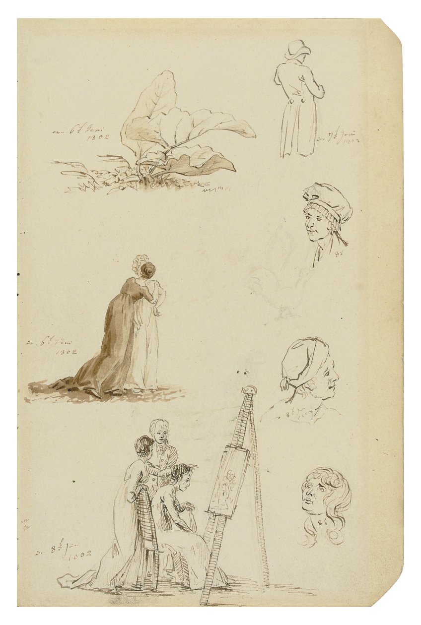 Studie von Köpfen, Figuren und Blattwerk von Caspar David Friedrich