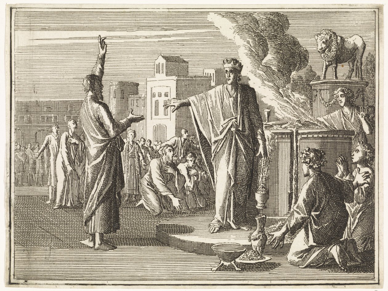 Der Gottesmann aus Juda prophezeit gegen den Altar, auf dem Jerobeam den Kalbdienst ausübt von Caspar Luyken