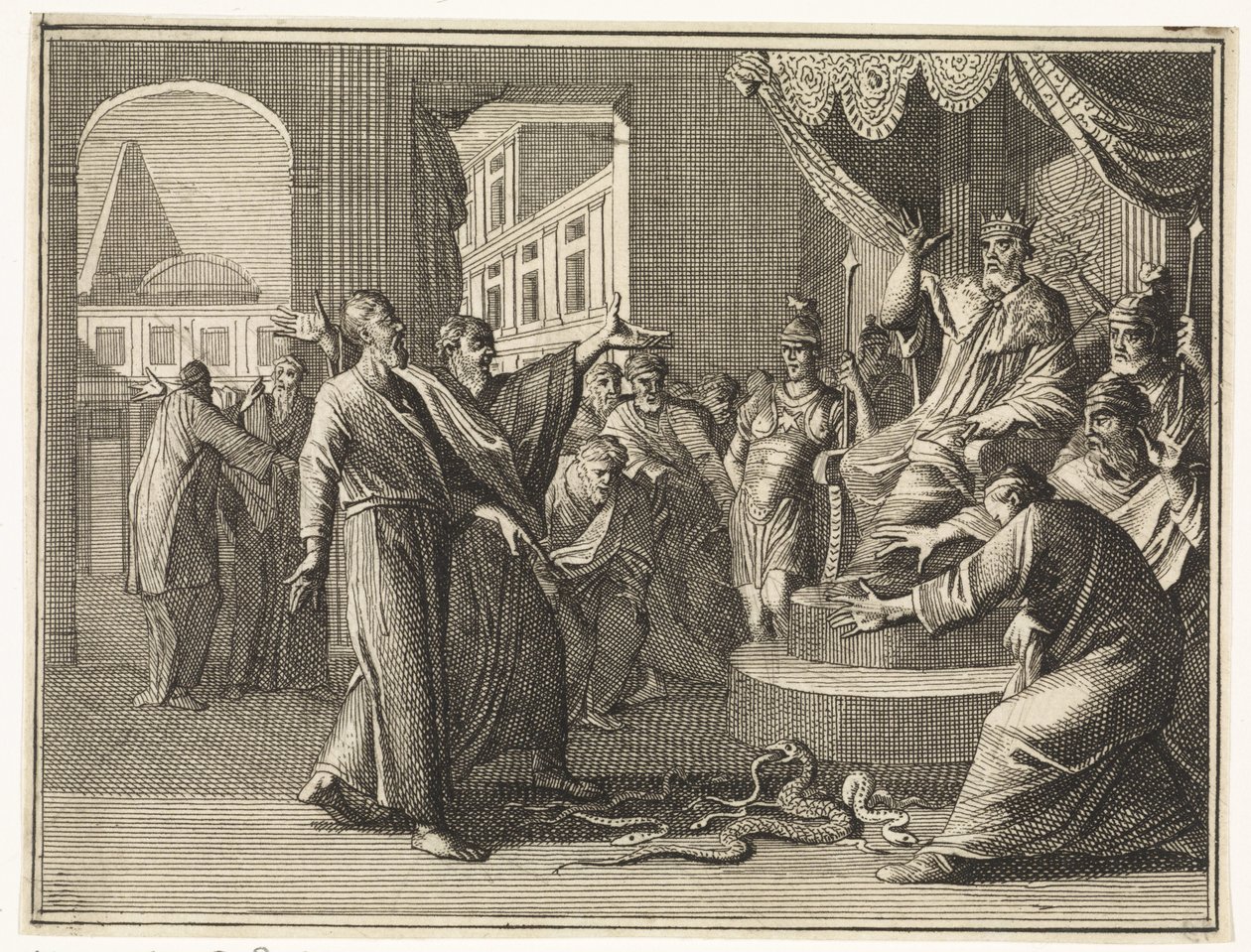 Der in eine Schlange verwandelte Stab von Moses verschlingt den der ägyptischen Zauberer von Caspar Luyken