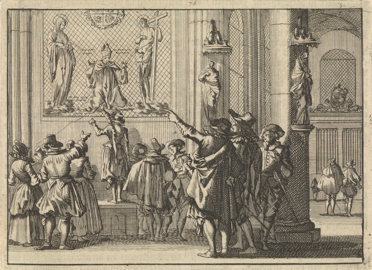 Gemaltes Fenster, nach der Eroberung von Den Bosch in der dortigen Kirche gefunden, darstellend Bischof Gisbertus Marius zwischen Christus und Maria, 1629 von Caspar Luyken