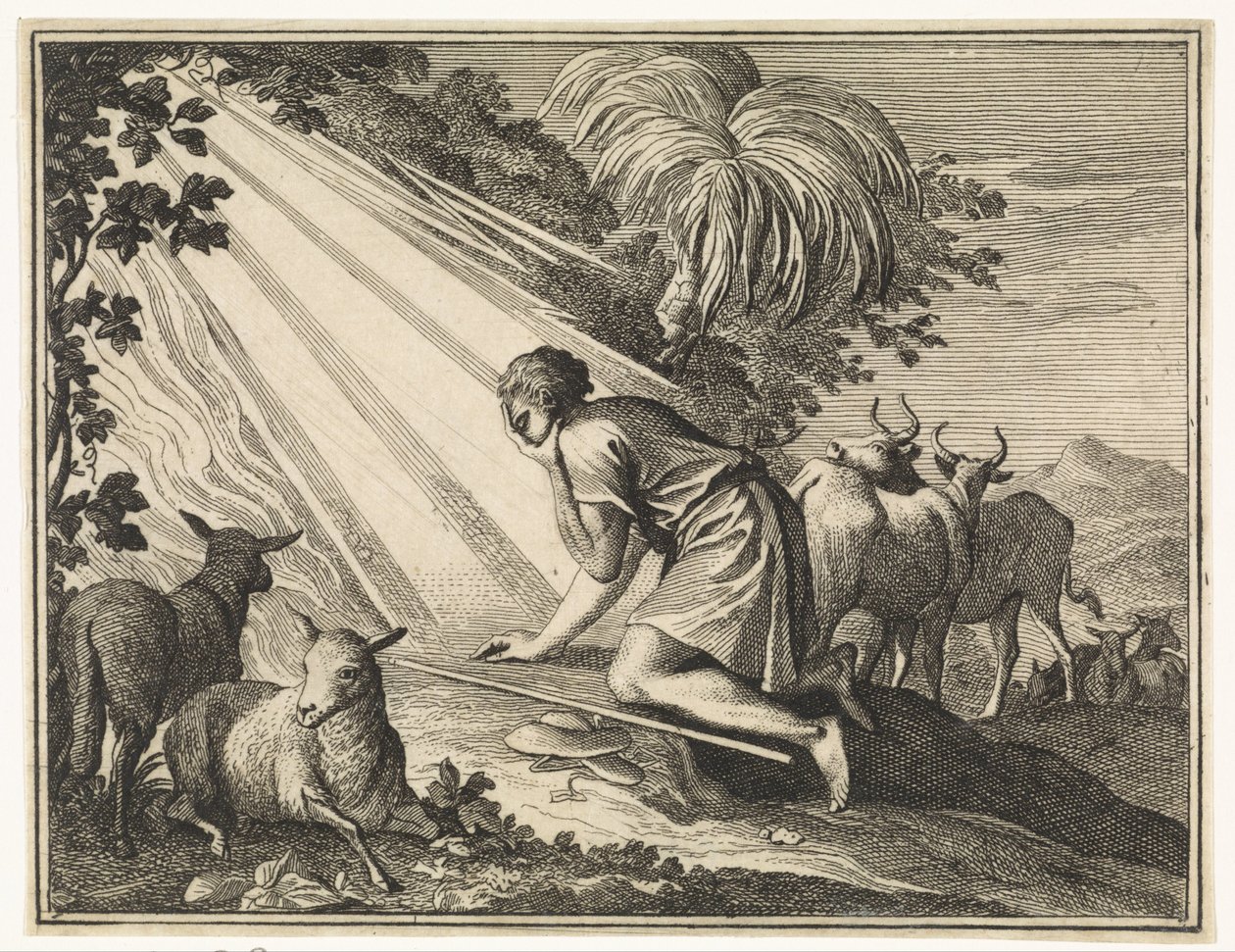 Moses kniet beim brennenden Dornbusch von Caspar Luyken