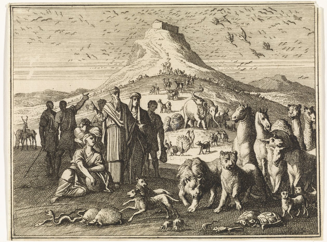 Noah, seine Familie und die Tiere verlassen die Arche von Caspar Luyken