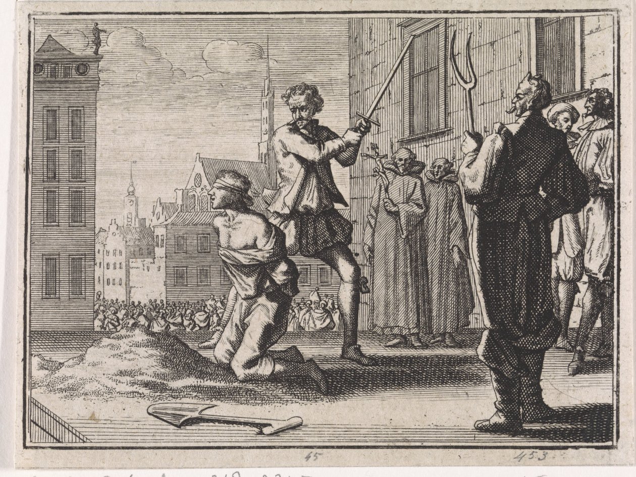 Enthauptung eines Jungen unter Aufsicht von Geistlichen und dem Teufel von Caspar Luyken