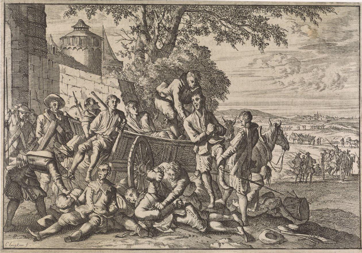 Spanische Soldaten werden auf Karren geladen und weggeführt, 1641 von Caspar Luyken