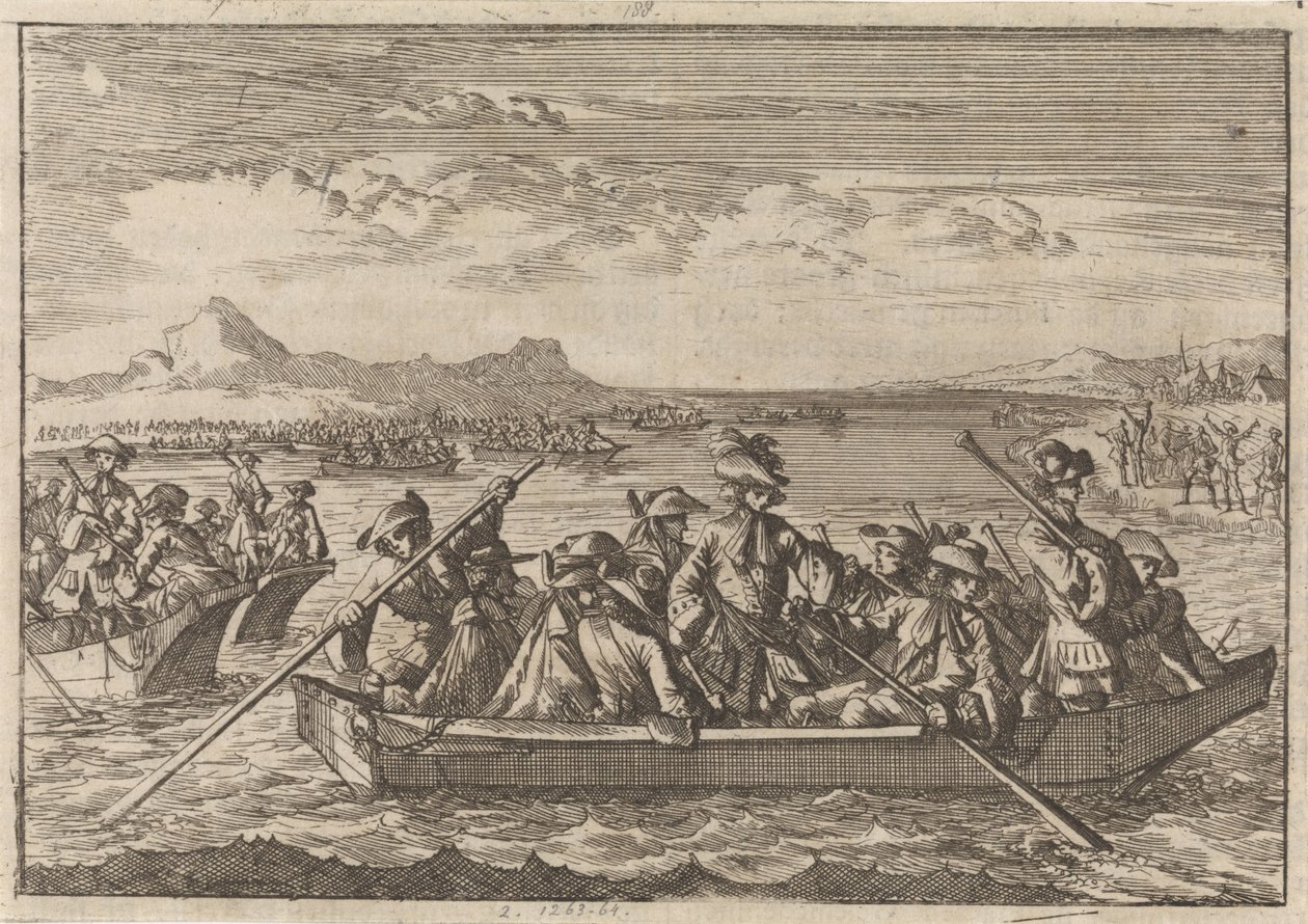 Aus Savoyen vertriebene Waldenser kehren 1689 in Booten über den Genfersee in ihr Land zurück von Caspar Luyken