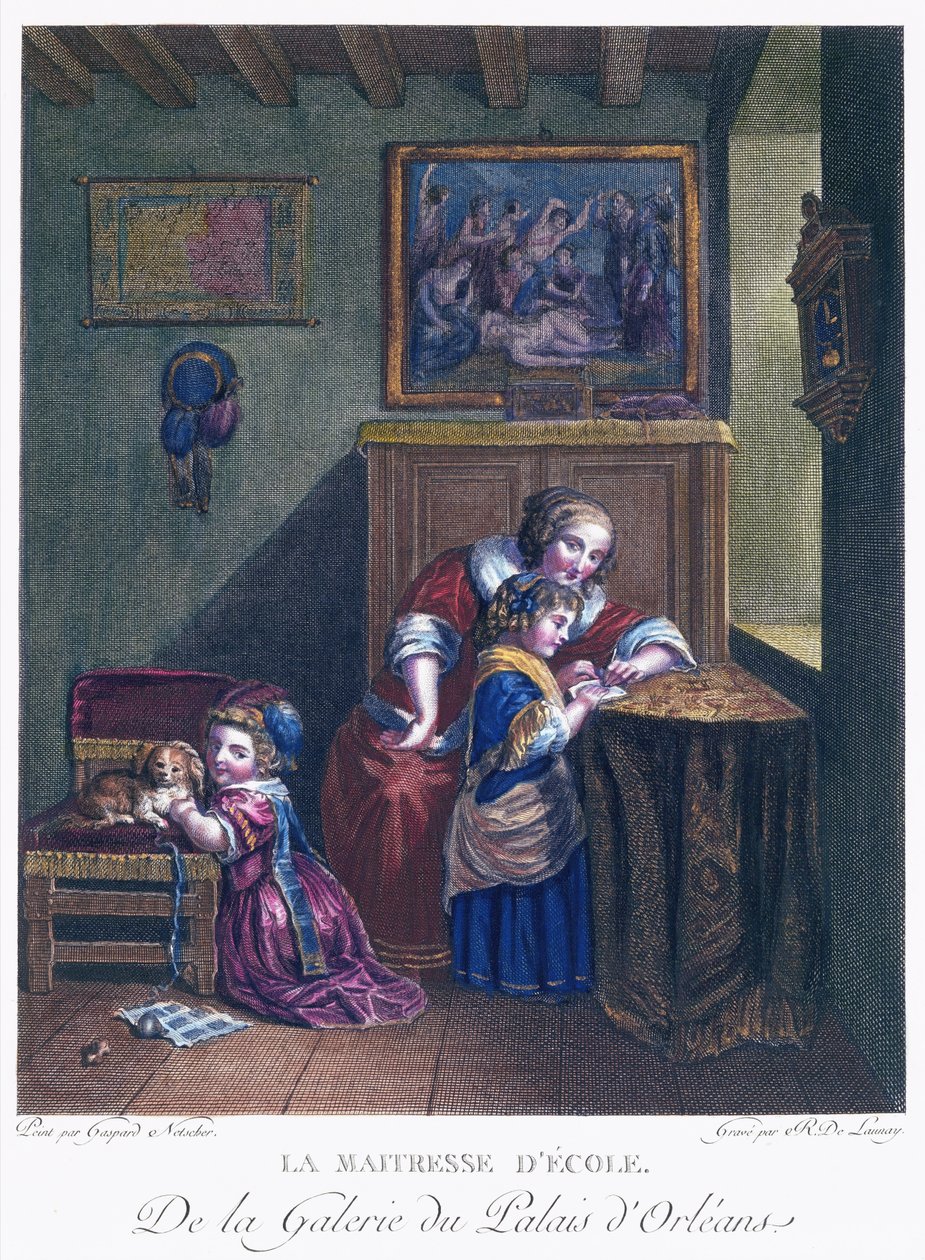 Die Schulmeisterin, graviert von R. Delaunay von Caspar after Netscher