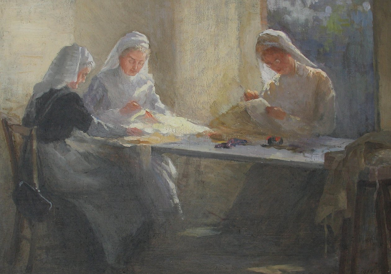 Kensington War Hospital Supply Depot (Kensington Square), Drei Krankenschwestern sitzen an einem Tisch und nähen, um 1916 von Catherine Ouless