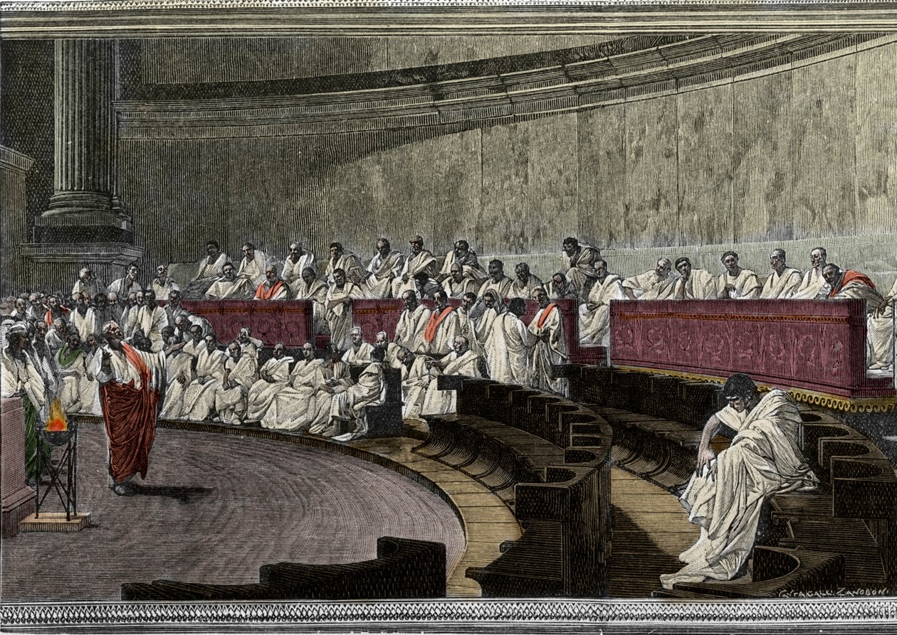 Cicero denunziert den Verschwörer Catilina (Lucius Sergius Catilina) (108-62 v. Chr.) am 8. November 63 v. Chr. Die Szene spielt in Rom im Senat, graviert nach dem Fresko, das zwischen 1882 und 1888 von Cesare Maccari (1840-1919) geschaffen wurde. Rom Pala von Cesare (after) Maccari