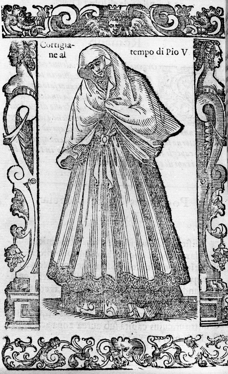 Renaissance: eine Kurtisane zur Zeit von Papst Pius V. (1566-1572). Gravur aus „Modern und Ancient Costumes“ von Cesare Vecellio von Cesare (attr. to) Vecellio