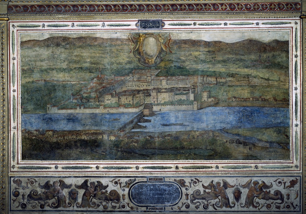 Ansicht der Stadt Innsbruck, Österreich. Ansicht der Städte des Habsburgerreiches. Fresko des Michelozzo-Hofs im Palazzo Vecchio in Florenz. Gemälde von Sebastiano Veronese Giovanni Lombardi, Cesare Baglioni und Turino da Piamonte, ca. 1565 von Cesare Baglioni