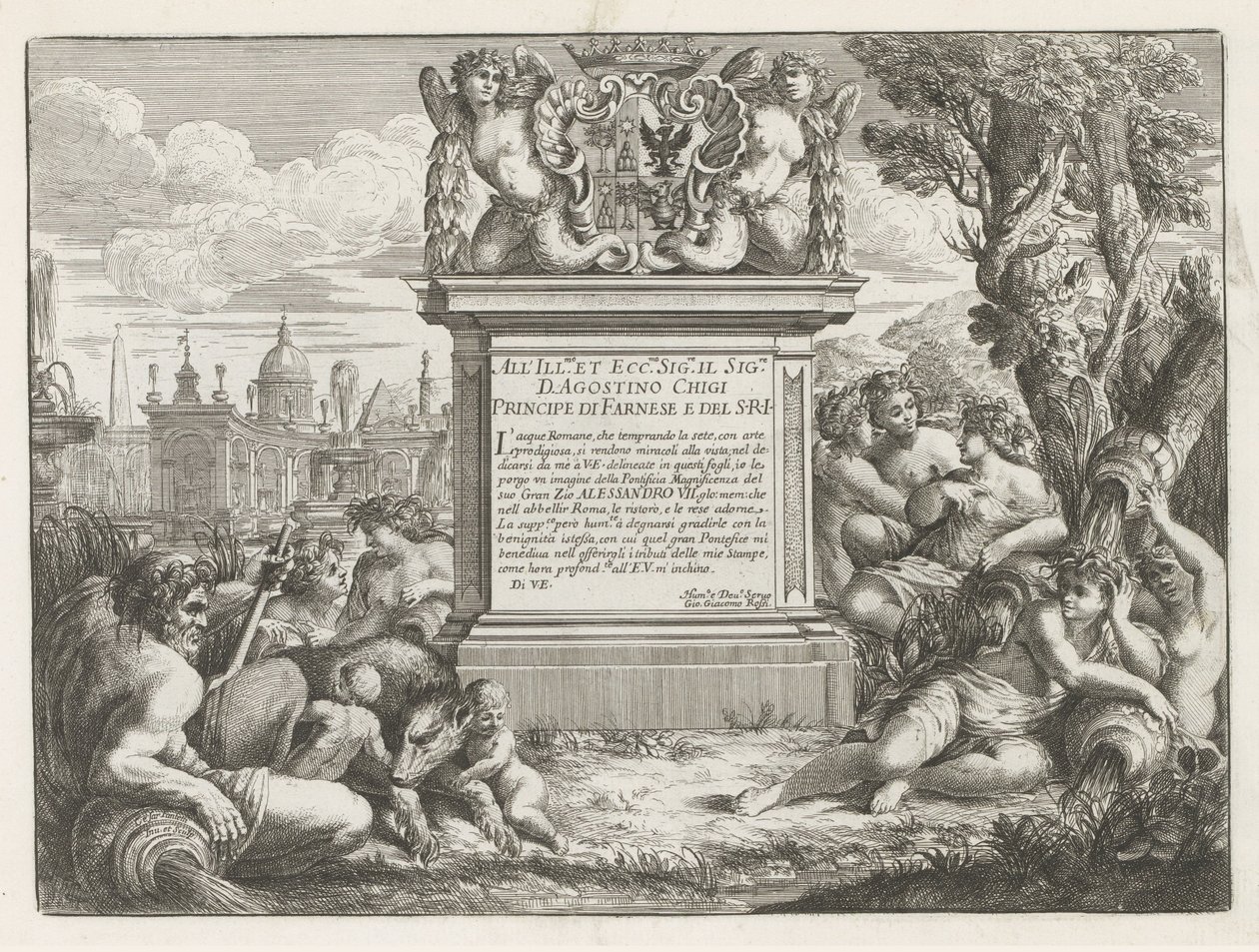 Widmung an und Wappen von Agostino Chigi und Ansicht von Rom von Cesare Fantetti