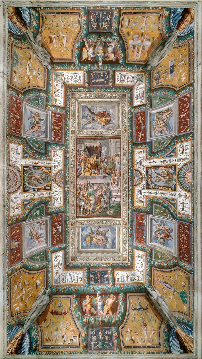 Pier Maria Rossi erhält die Ehre des Ordens vom Heiligen Michael, Ansicht der Decke der Sala delle Gesta Rossiane, Rocca dei Rossi, San Secondo, Parma, Italien, ca. 1570 von Cesare and Jacopo Bertoia and others Baglione
