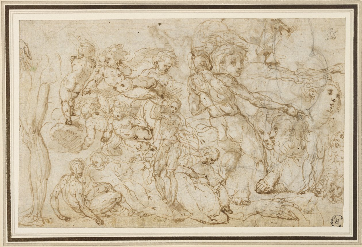 Blatt mit Figurenstudien, ca. 1600 (Tinte und Waschung, Bleistift, Kreide auf Büttenpapier) von Cesare Pollini