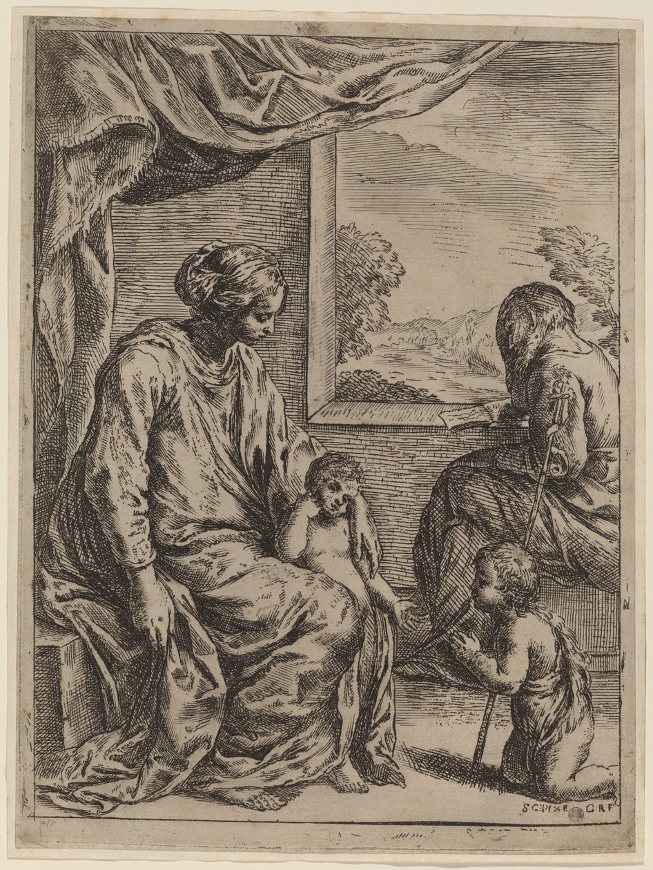 Die Heilige Familie mit Johannes dem Täufer von Cesare Roberti, after Simone Cantarini