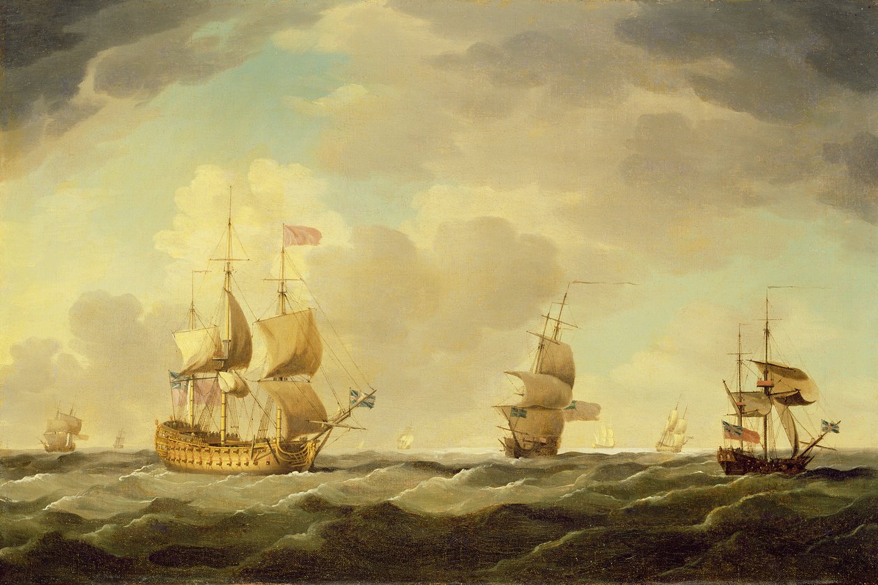 Ein englisches Flaggschiff unter leichtem Segel bei mäßiger Brise, ca. 1750 von Charles Brooking