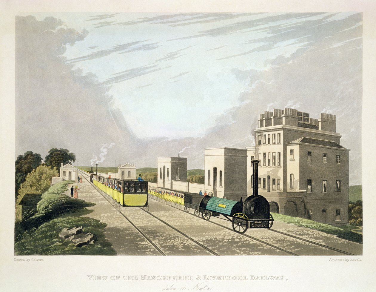 Ansicht der Manchester und Liverpool Railway, aufgenommen in Newton, 1825, graviert von Havell von Charles Calvert