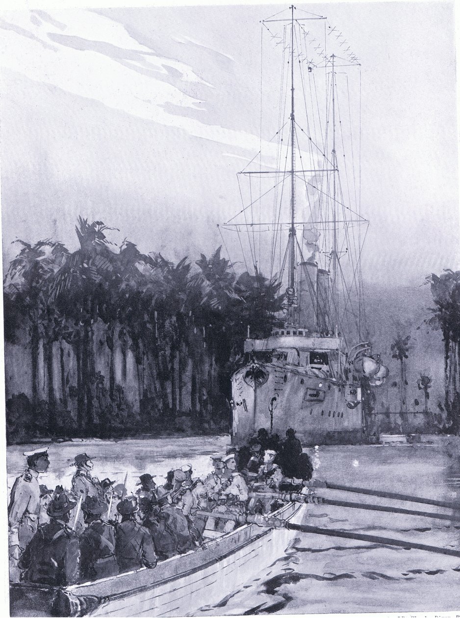Überraschende Eroberung des deutschen Kanonenbootes Komet durch Leutnant J. M. Jackson vor der Küste von Neuguinea von Charles Edward Dixon