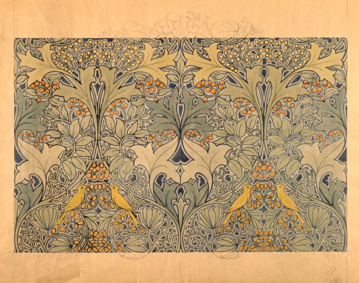 Textildesign mit Vögeln, Beeren und Laub von Charles Francis Annesley Voysey