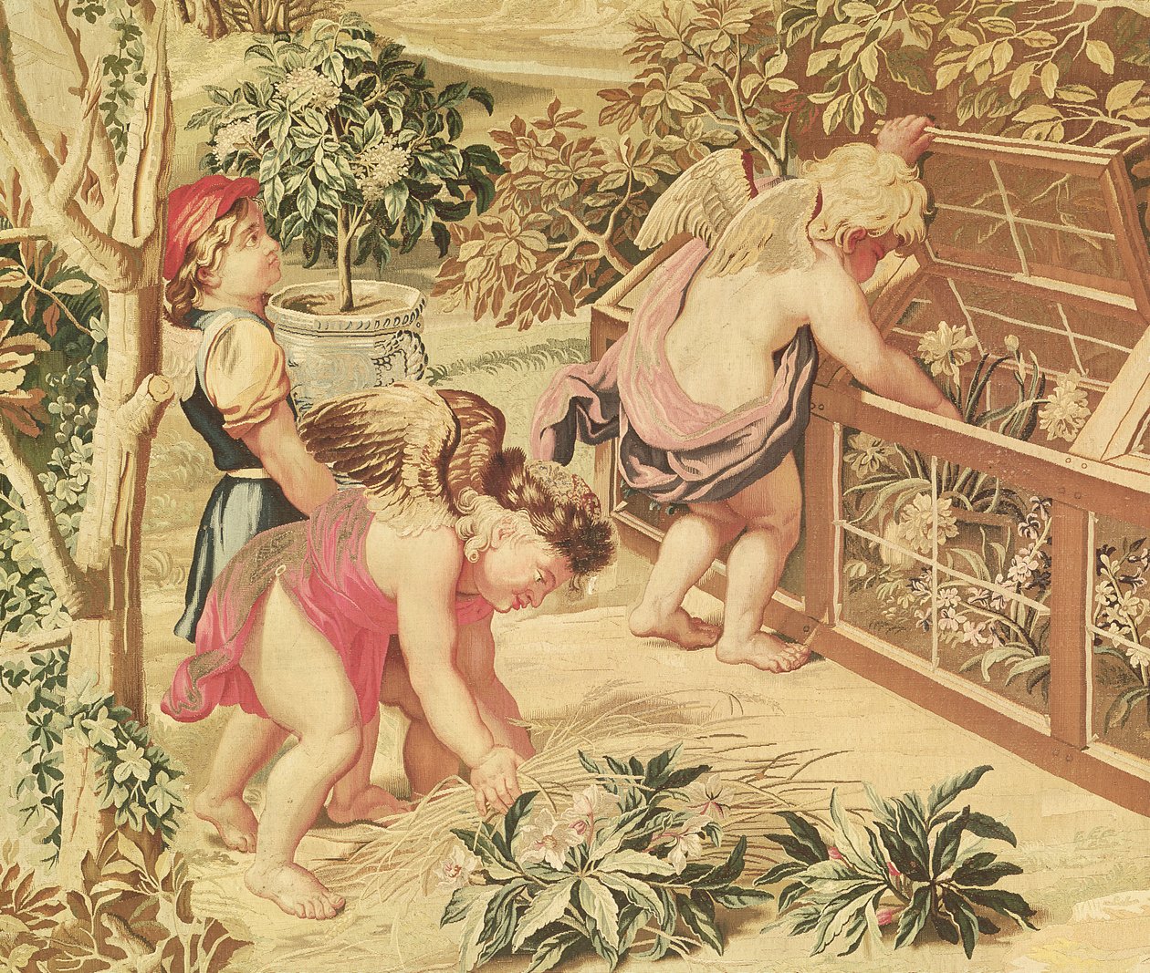Kinder im Garten (nach einem Karton von Le Brun), gewebt in der Gobelin-Manufaktur (Wollteppich) von Charles Le Brun