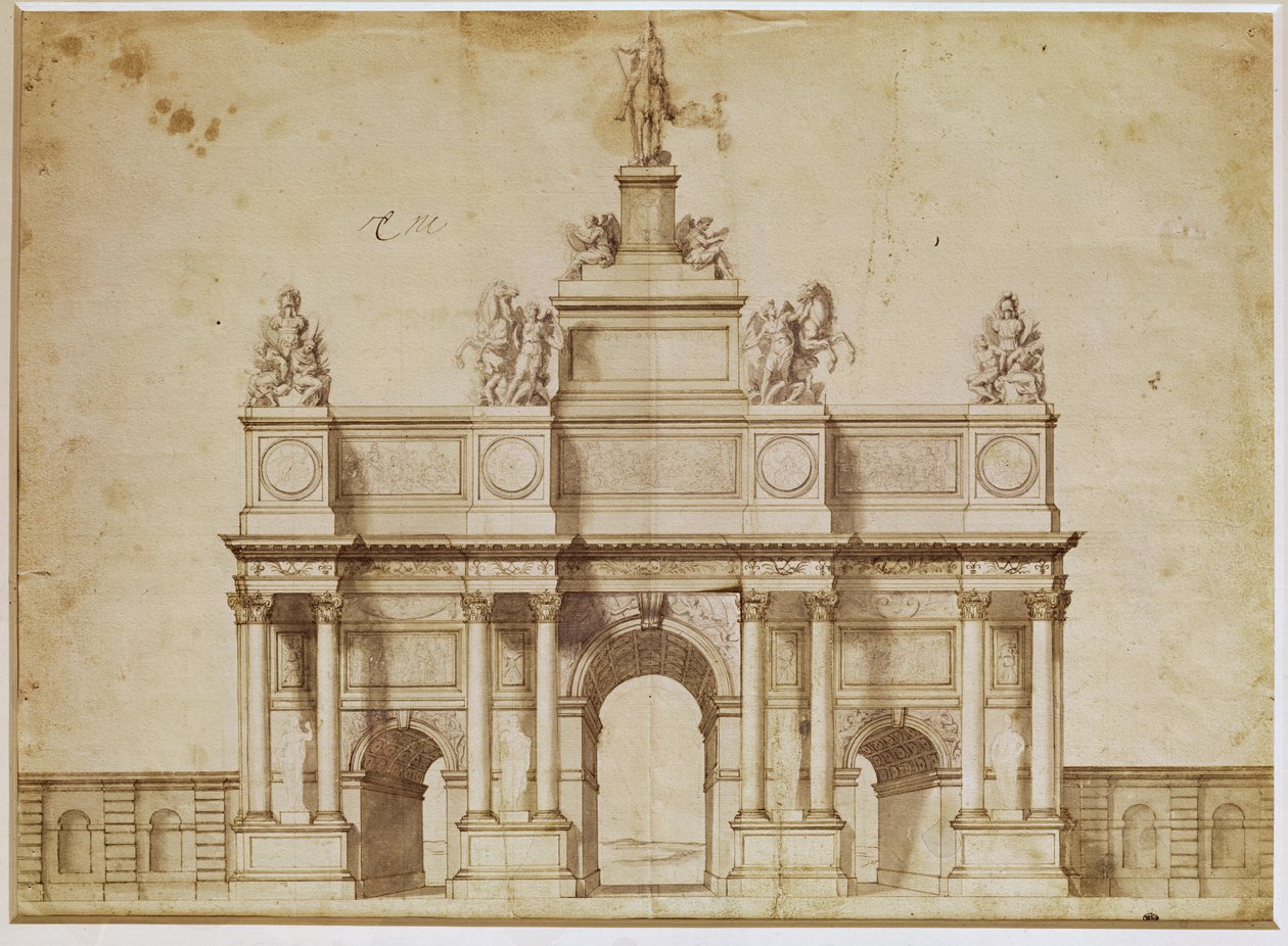 Vorschlag für den Arc de Triomphe, rue Saint-Antoine, Paris, ca. 1668 (Feder und braune Tinte auf Papier) von Charles Le Brun