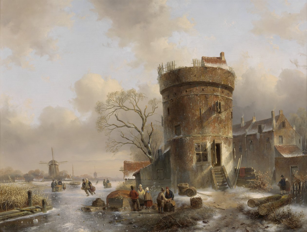 Winterlandschaft mit Figuren auf einem zugefrorenen Fluss bei einem Turm von Charles Henri Joseph Leickert