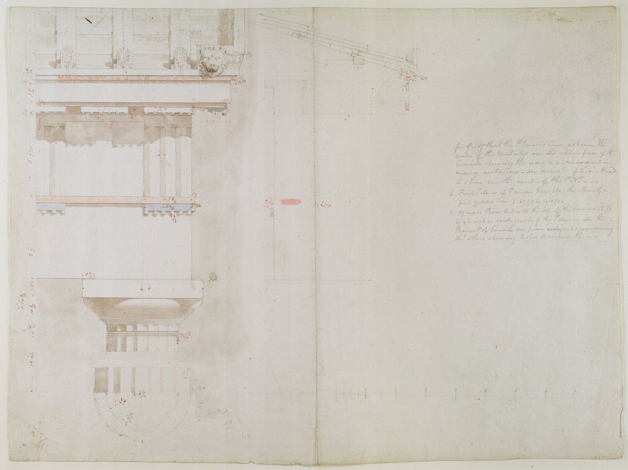 Eine Sammlung von Originalzeichnungen für Tempel in Bassac: Erhebung und Teilstruktur des Daches der Tempel des Jupiter Panhellenius in Aegina, 1860 von Charles Robert Cockerell