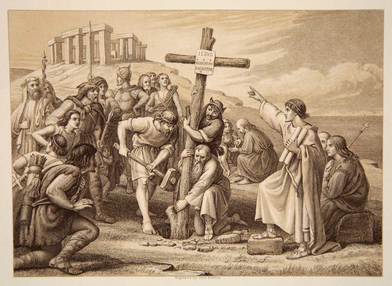 Die erste Predigt des Christentums in Großbritannien, graviert von John Easton von Charles West Cope