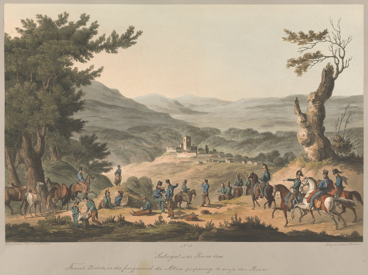 Nr. 5. Sabugal am Fluss Coa Französische Vorposten im Vordergrund die Alliierten bereiten sich darauf vor, den Fluss zu überqueren von Charles (after) Turner