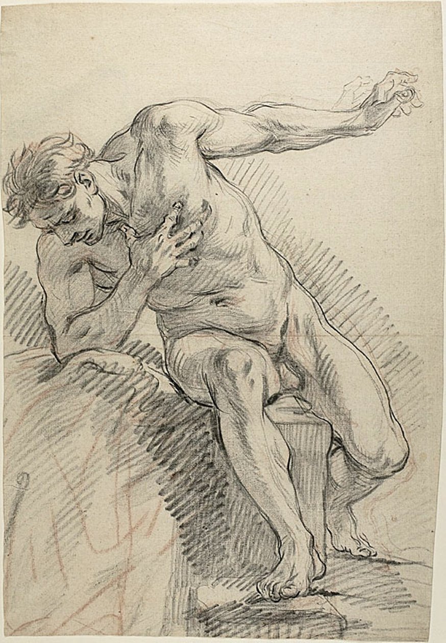 Skizze eines männlichen Aktes, der sich auf den rechten Ellbogen stützt (recto) von Charles Antoine Coypel
