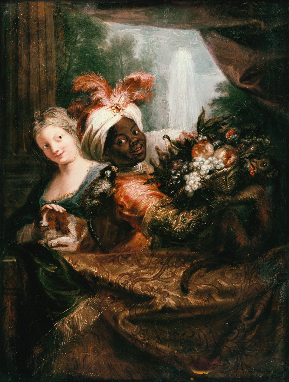 Junger Schwarzer Mann hält einen Korb mit Früchten und ein junges Mädchen streichelt einen Hund von Charles Antoine Coypel