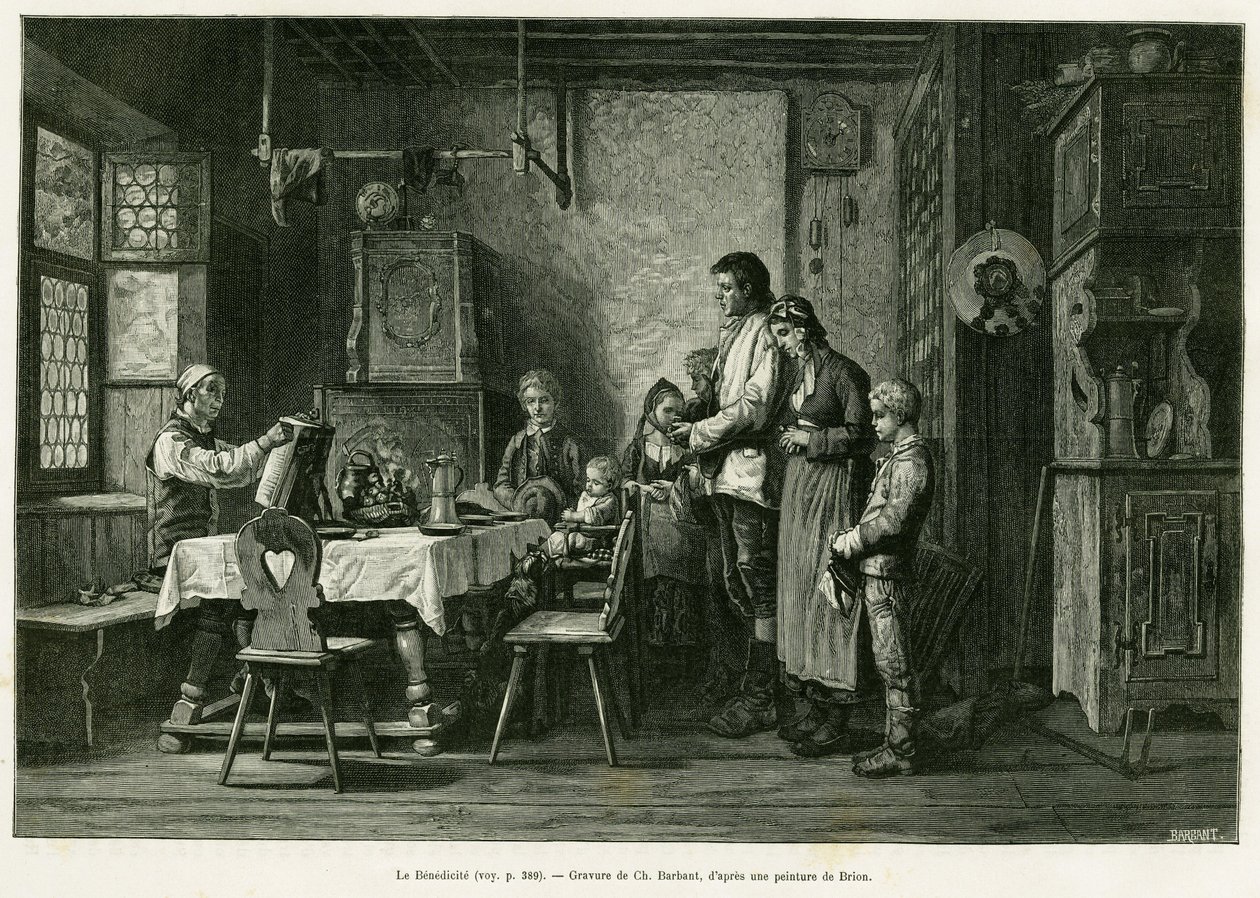 Das Benedizit. Barbant-Gravur nach einem Gemälde von Brion zur Illustration der Geschichte „Durch Elsass und Lothringen“ von Charles Grad, deutscher Abgeordneter, 1884, in Le Tour du monde 1886, herausgegeben von Edouard Charton (1807-1890), Hachette, Pari von Charles Barbant