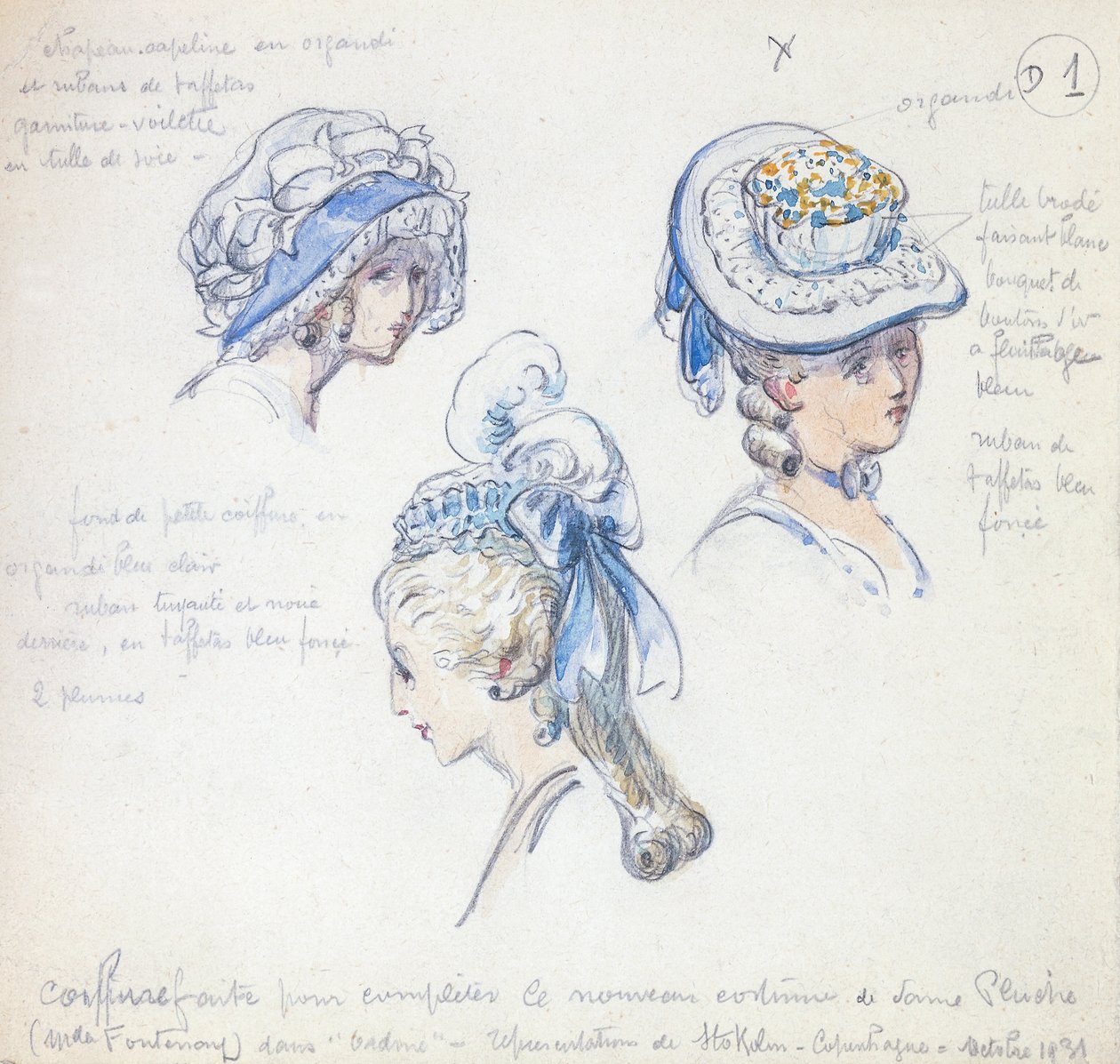 Frisuren und Kopfbedeckungen, für die Rolle der Camille in der Aufführung von "Spielt nicht mit der Liebe" von Alfred de Musset von Charles Betout
