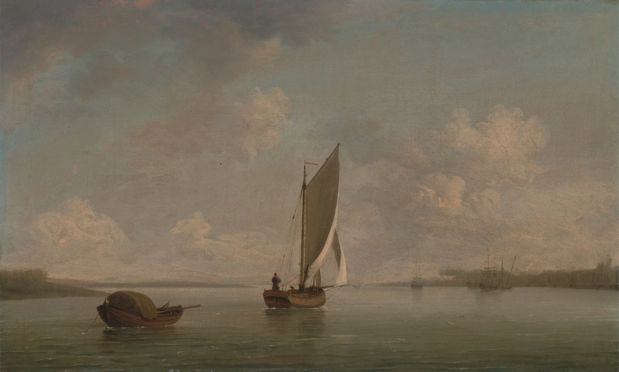 Ein Segelboot bei leichtem Wind auf einem Fluss von Charles Brooking